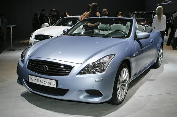 A light blue Infiniti G37 Cabrio on display at the Moscow International Auto Show.