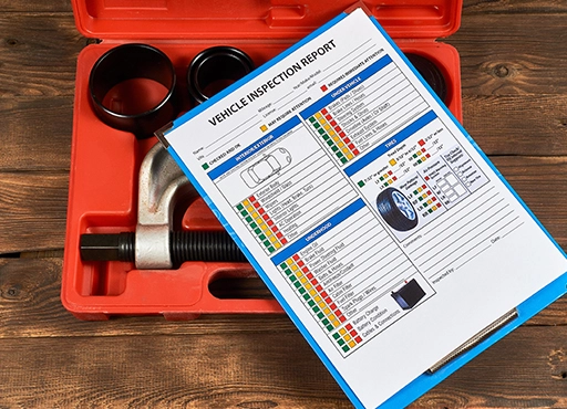 A vehicle inspection checklist with some auto repair tools